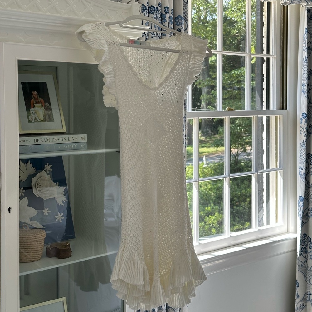 White Crochet Ruffle Mini Dress - Picture 2 of 4